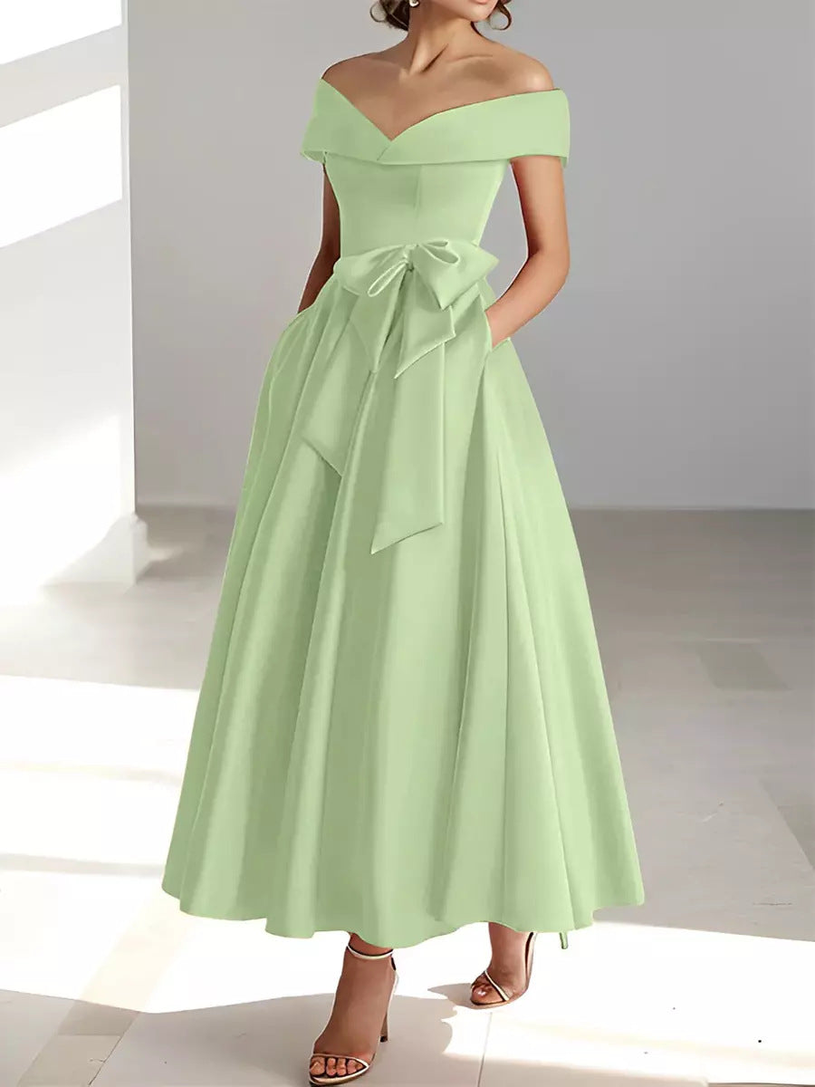 Satin Gown New Style Banquet Dress Off-shoulder Midi Length Viral Finds Hub