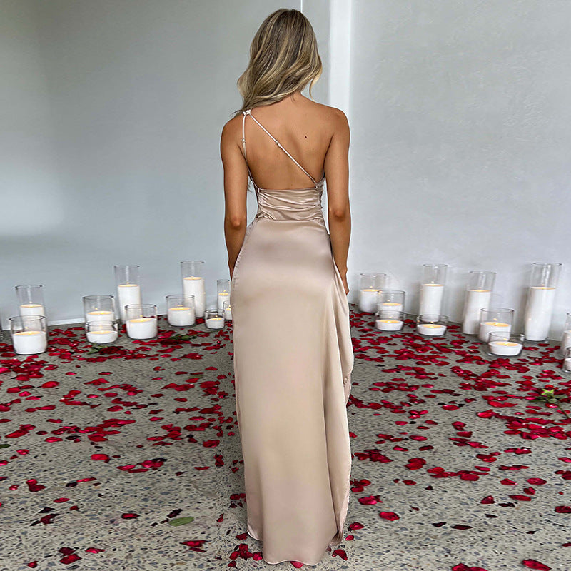 Sexy One-shoulder Backless Slit Dress Summer Elegant Slim-fit Solid Color Satin Dresses For Women Viral Finds Hub