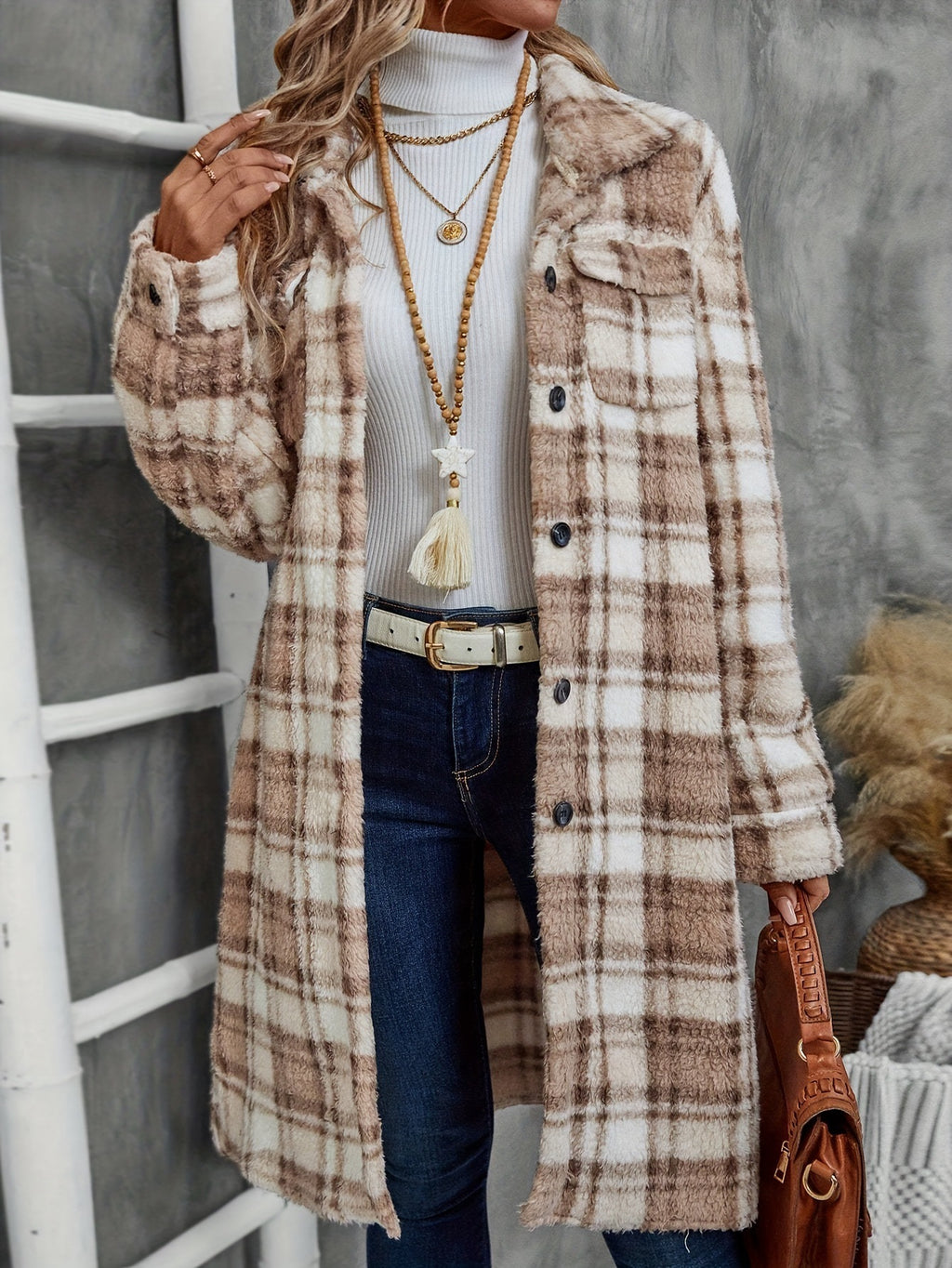 Women's Printed Plaid Long Double-sided Plush Patch Pocket Button Coat Viral Finds Hub