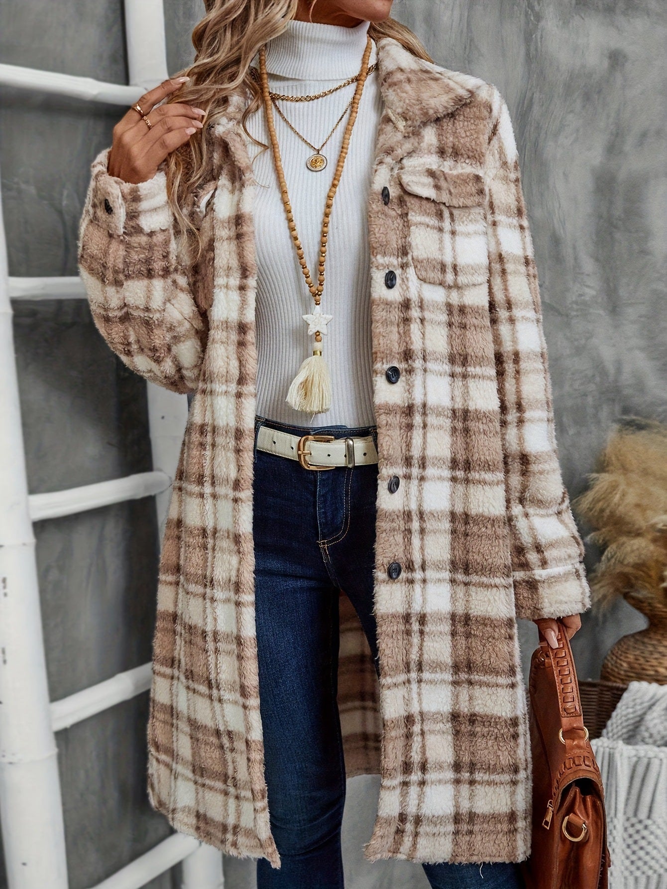 Women's Printed Plaid Long Double-sided Plush Patch Pocket Button Coat Viral Finds Hub