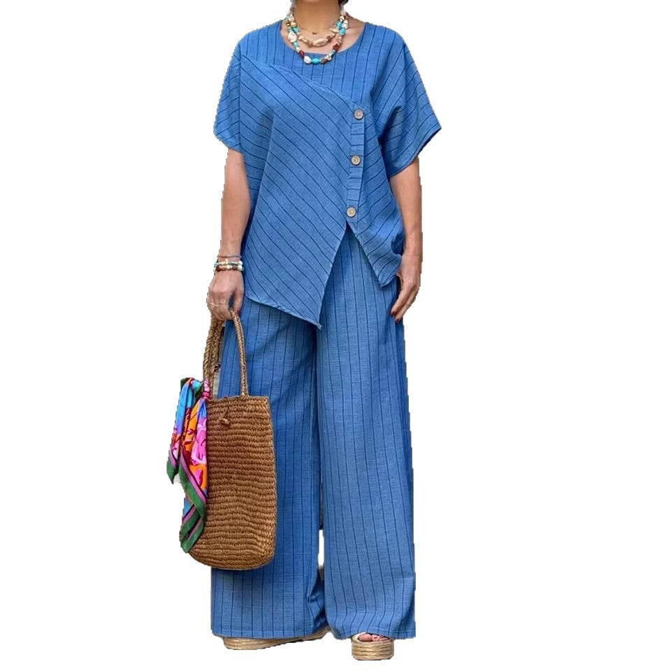 Striped Short-sleeve Shirt And Loose-fitting Pants Two-piece Set Viral Finds Hub