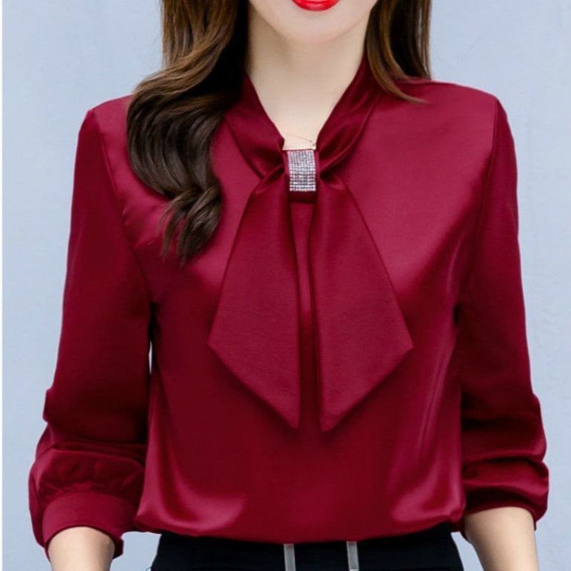 Satin V-Neck Business Temperament Shirt Long Sleeve Bow Solid Color Bow Diamond Top Viral Finds Hub