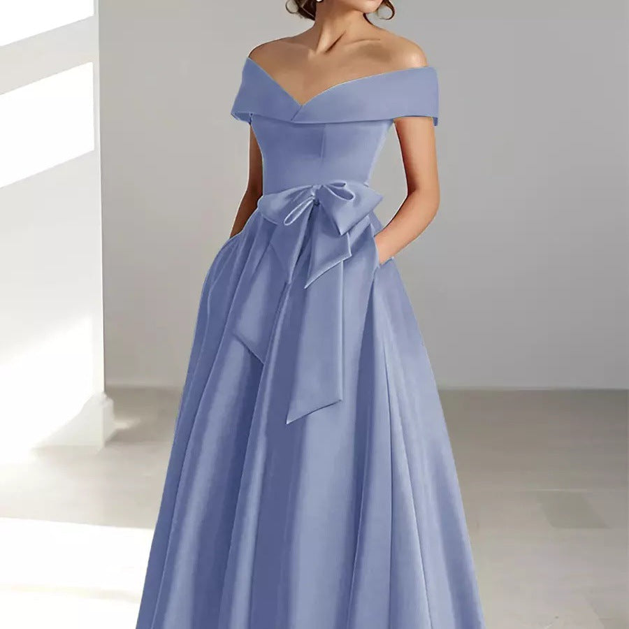 Satin Gown New Style Banquet Dress Off-shoulder Midi Length Viral Finds Hub