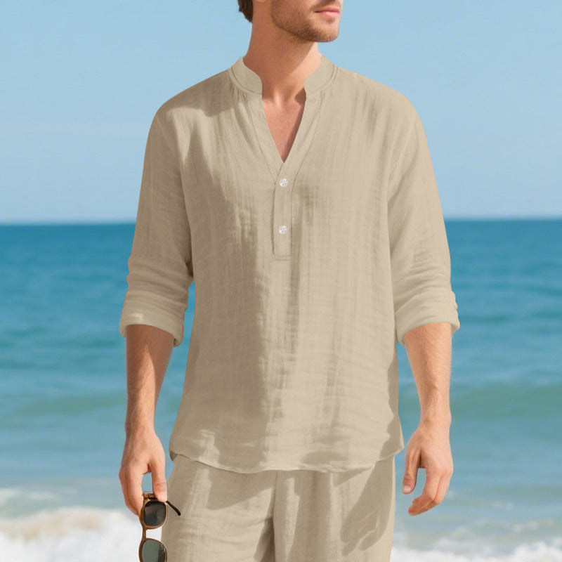 Autumn Linen Men's Long-Sleeve T-Shirt With Stand Collar And Buttons Viral Finds Hub