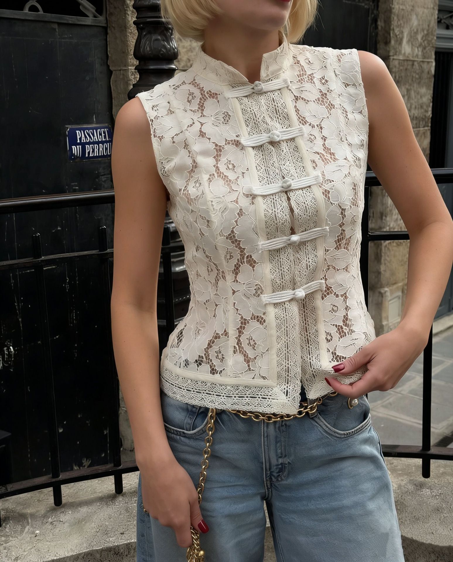 Fashionable Lace Crochet Stand Collar Slim-fit Sleeveless Shirt Viral Finds Hub