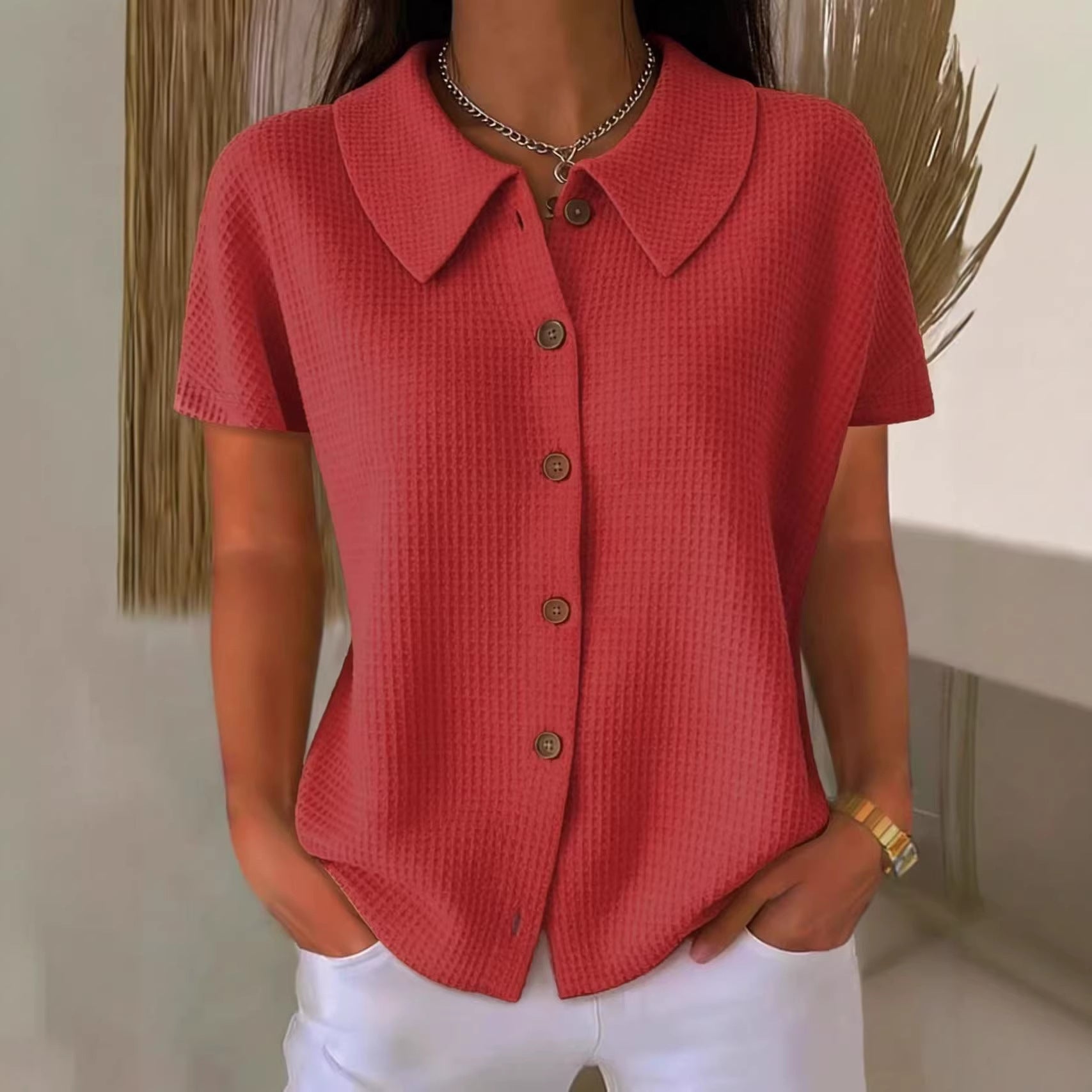 Turn-Down Collar Waffle Weave Solid Color Casual Loose Fit Short Sleeve Shirt - Women's Cotton Blend Lightweight Summer Top For Daily Wear Viral Finds Hub