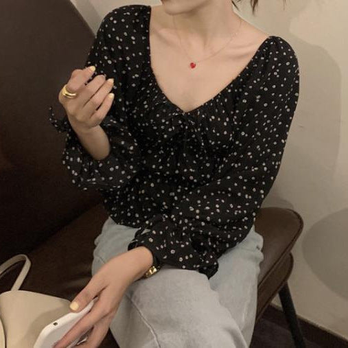 French-style Off-shoulder Square-neck Puffed-sleeve Black Floral Chiffon Blouse Viral Finds Hub
