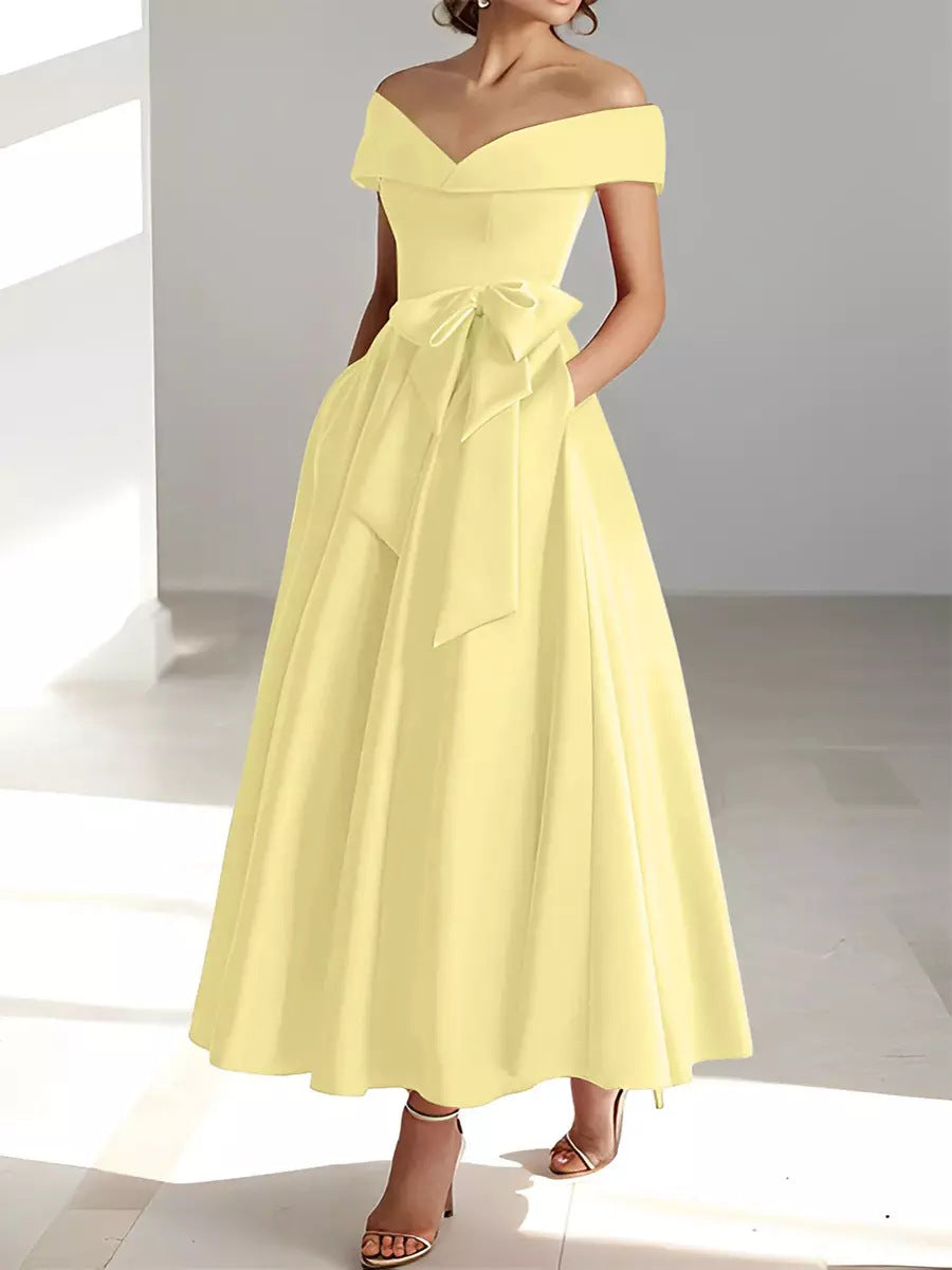 Satin Gown New Style Banquet Dress Off-shoulder Midi Length Viral Finds Hub