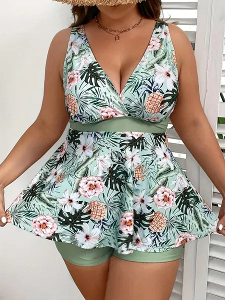 Large Size Women's Swimsuit, Green, Fresh And Fashionable Split Type Tankini Swimsuit Viral Finds Hub