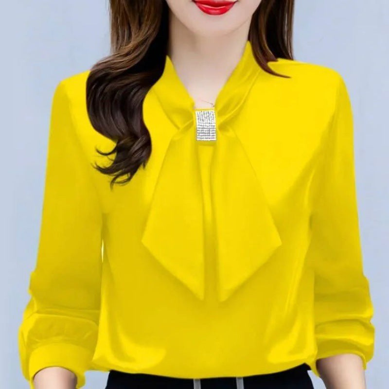 Satin V-Neck Business Temperament Shirt Long Sleeve Bow Solid Color Bow Diamond Top Viral Finds Hub