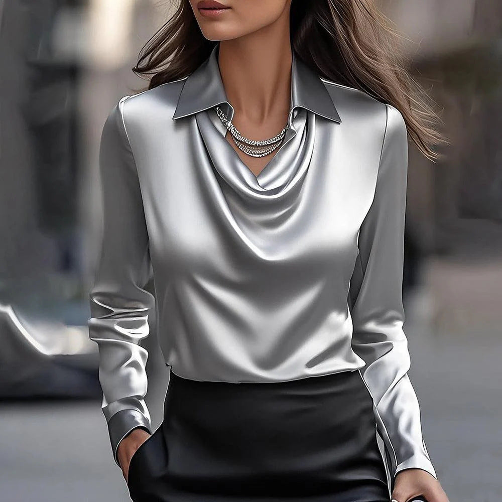 Women's Swing Collar Draped Shirts & Blouses Elegant Solid Satin Office Ladies Top Pullover Spring Long Sleeve Casual Tops Viral Finds Hub