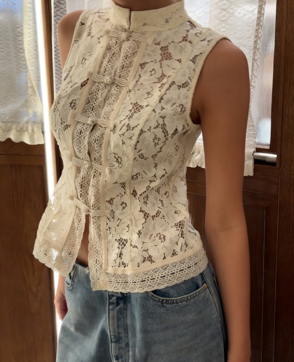 Fashionable Lace Crochet Stand Collar Slim-fit Sleeveless Shirt Viral Finds Hub