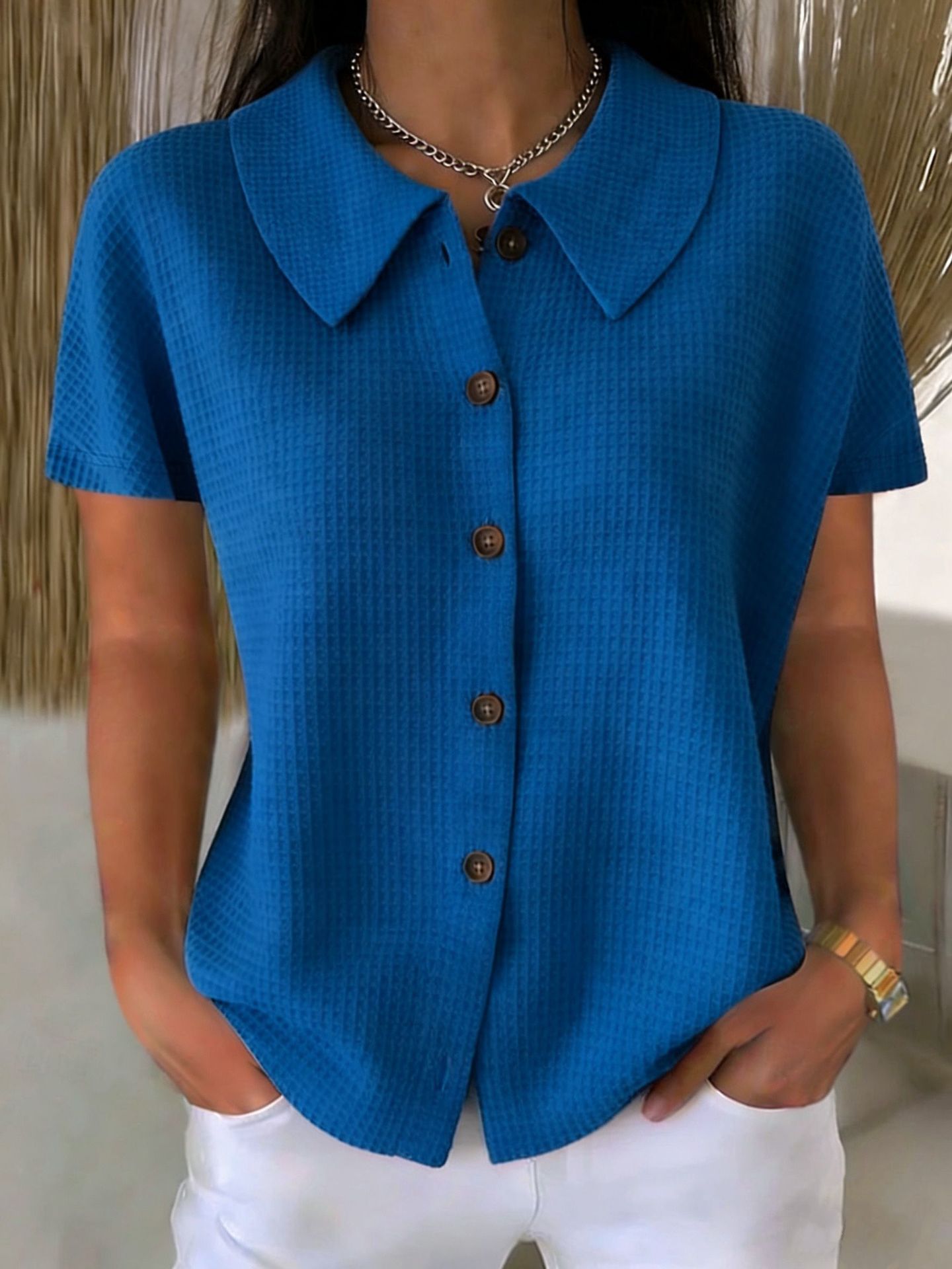 Turn-Down Collar Waffle Weave Solid Color Casual Loose Fit Short Sleeve Shirt - Women's Cotton Blend Lightweight Summer Top For Daily Wear Viral Finds Hub