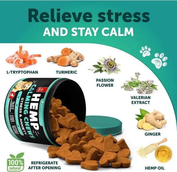 Hemp Calming Chews For Dogs Dog Anxiety Relief Treats With Hemp Oil Turmeric Valerian Ginger Health And Wellness Supplements For Dogs Hip And Joint Support 120 Treats Viral Finds Hub