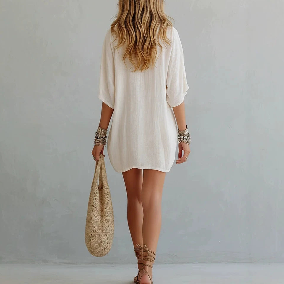 Women's Smock V-neck Loose-fit Three-quarter Sleeve T-shirt Viral Finds Hub