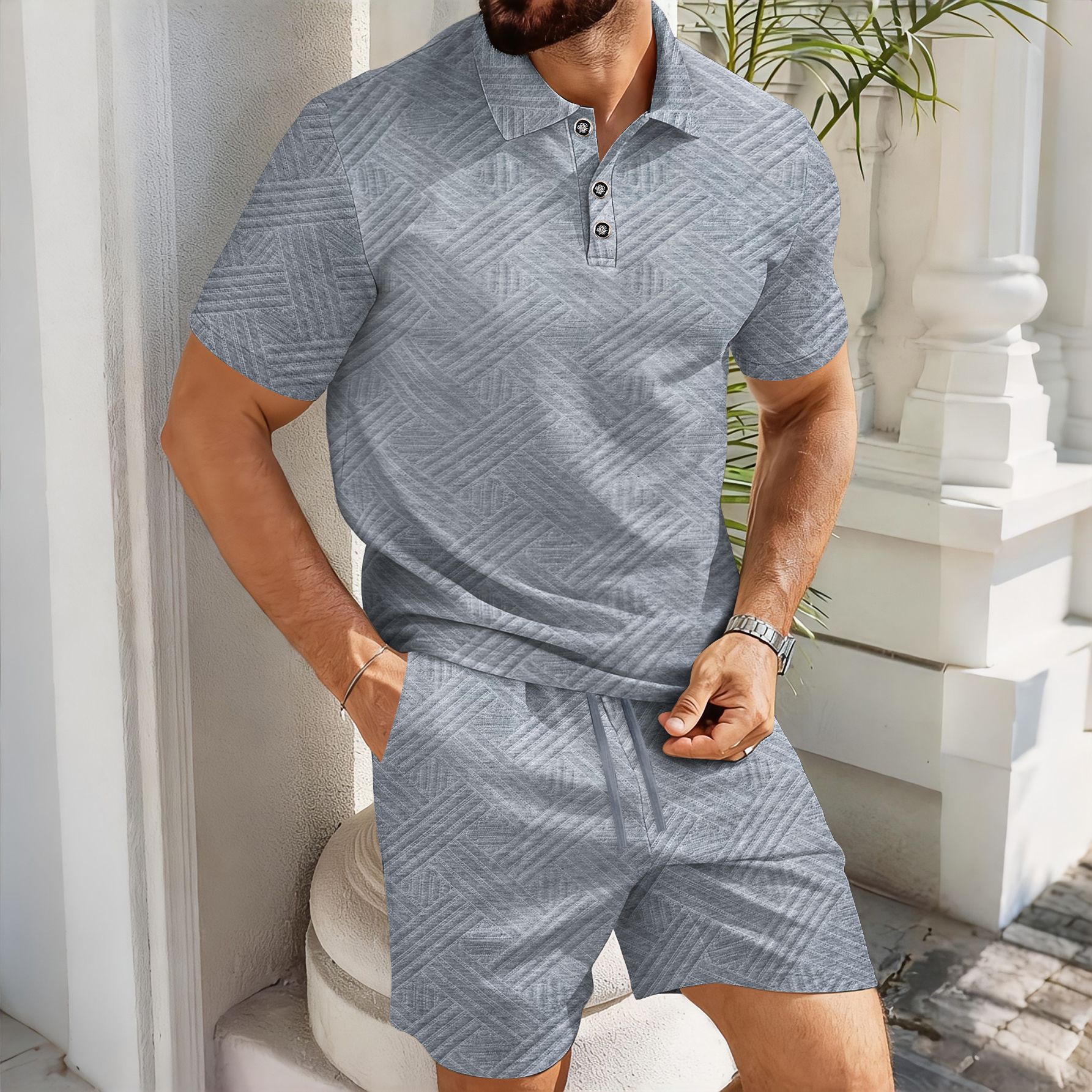 Solid-color Jacquard Short-sleeve Polo Shirt And Shorts Casual Two-piece Set Viral Finds Hub