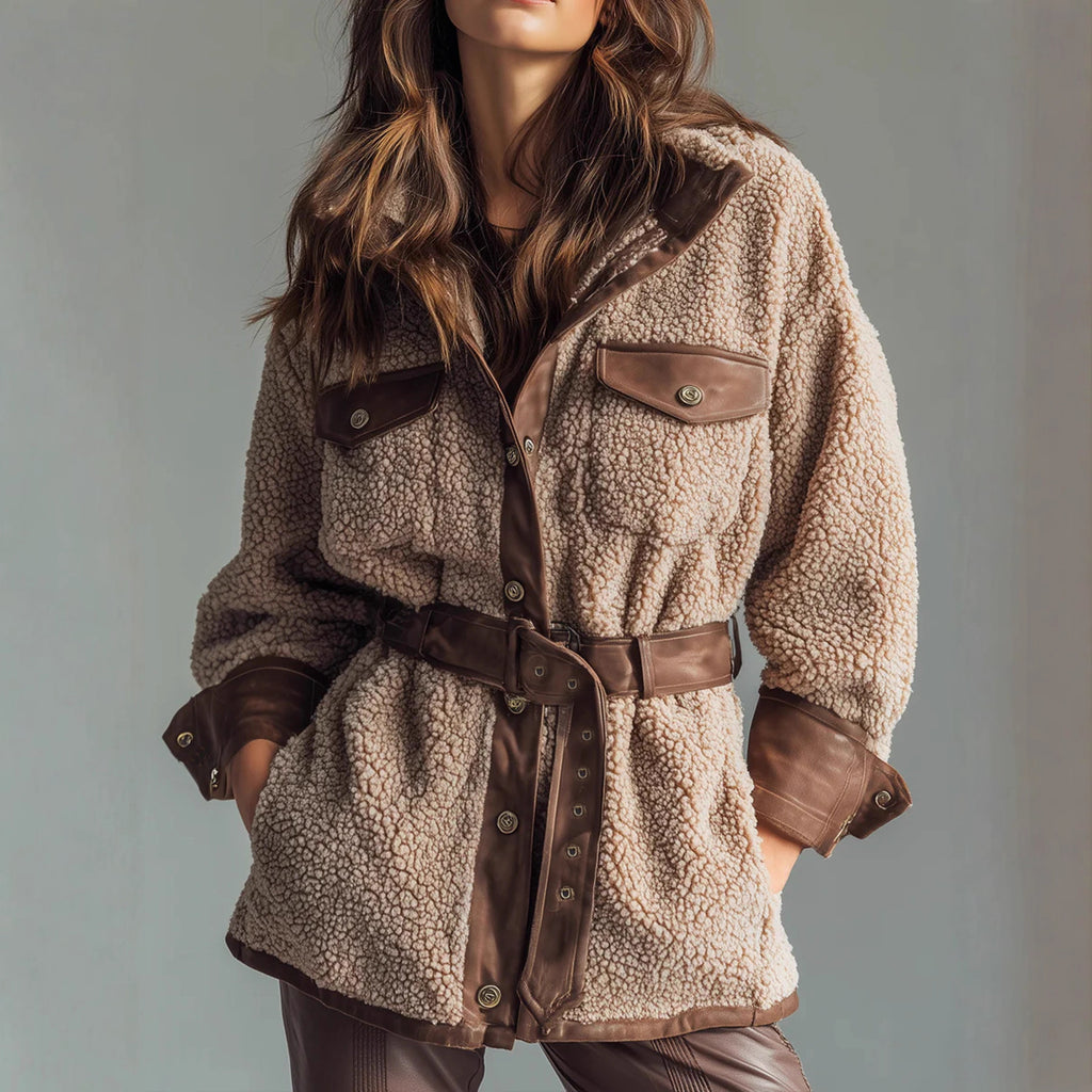 Women's Wear Thickened Lamb Fur Spliced PU Leather Pocket Leather Belt Retro Coat Viral Finds Hub