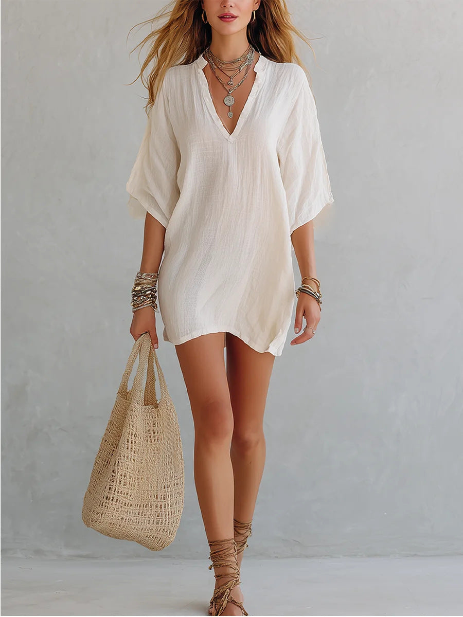 Women's Smock V-neck Loose-fit Three-quarter Sleeve T-shirt Viral Finds Hub