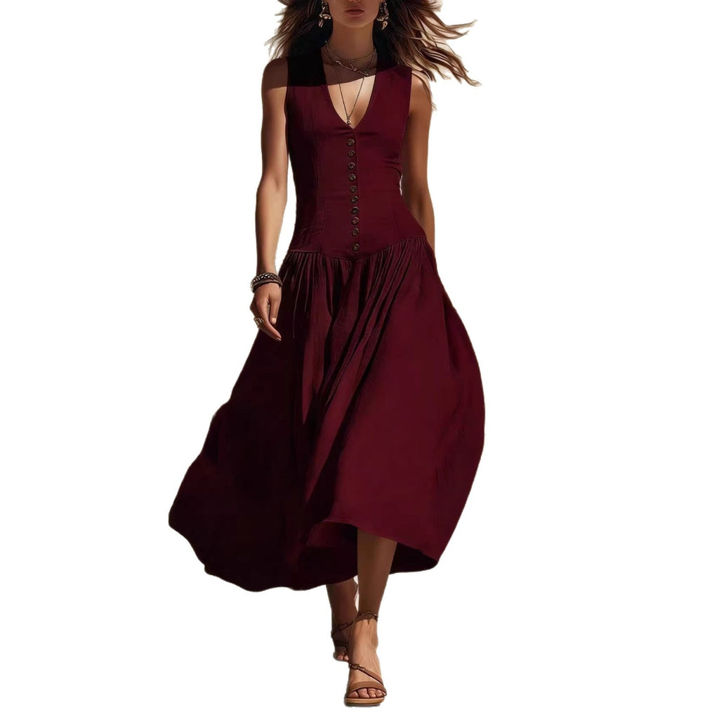 V-Neck Buttoned Chic Elegant Sleeveless Cotton-Linen Dress Viral Finds Hub
