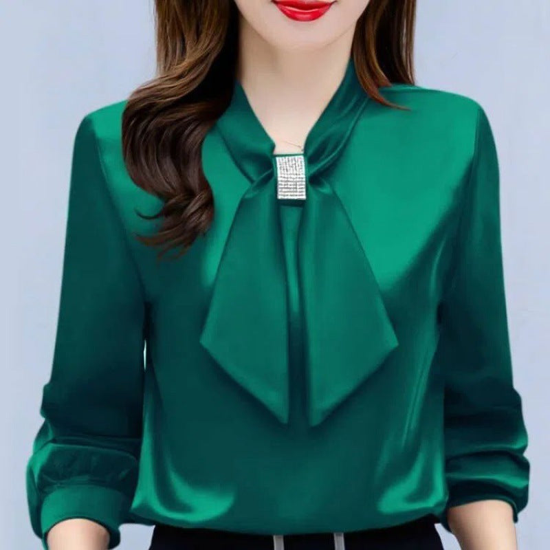 Satin V-Neck Business Temperament Shirt Long Sleeve Bow Solid Color Bow Diamond Top Viral Finds Hub