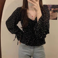 French-style Off-shoulder Square-neck Puffed-sleeve Black Floral Chiffon Blouse Viral Finds Hub