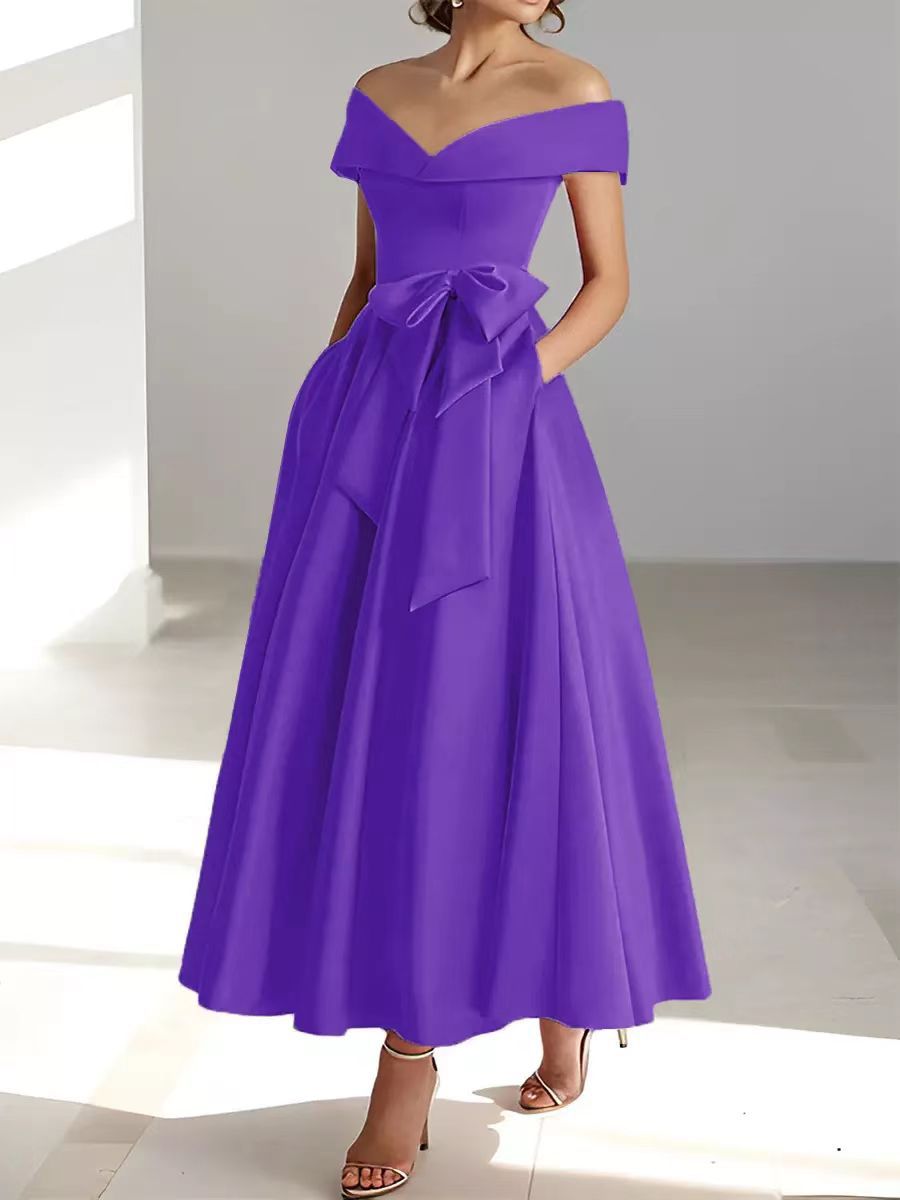 Satin Gown New Style Banquet Dress Off-shoulder Midi Length Viral Finds Hub