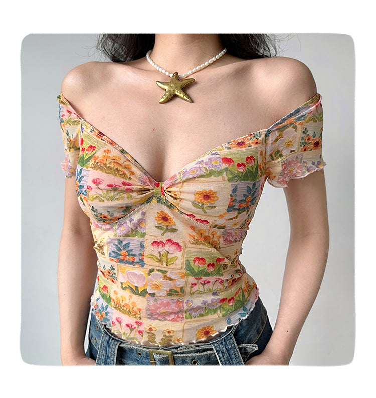 Oil Painting Flower Printed V-neck T-shirt Women's Mesh Short Sleeve Top Viral Finds Hub