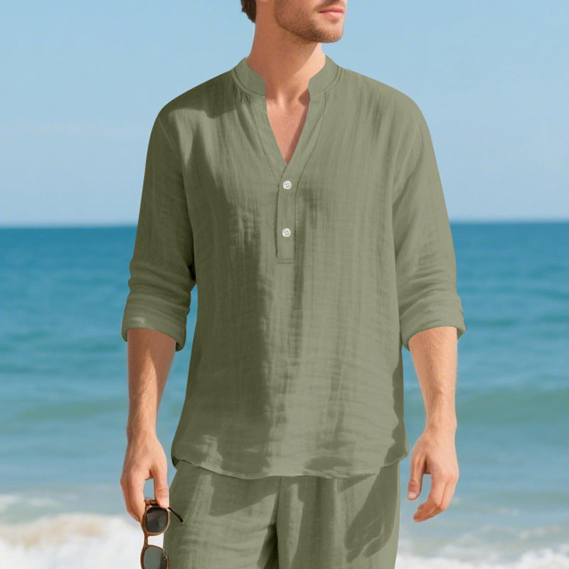 Autumn Linen Men's Long-Sleeve T-Shirt With Stand Collar And Buttons Viral Finds Hub