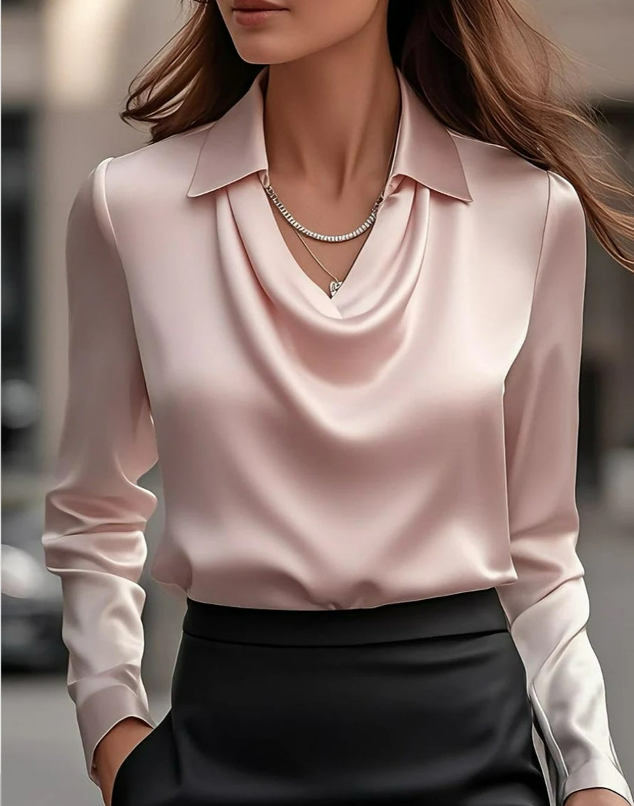 Women's Swing Collar Draped Shirts & Blouses Elegant Solid Satin Office Ladies Top Pullover Spring Long Sleeve Casual Tops Viral Finds Hub