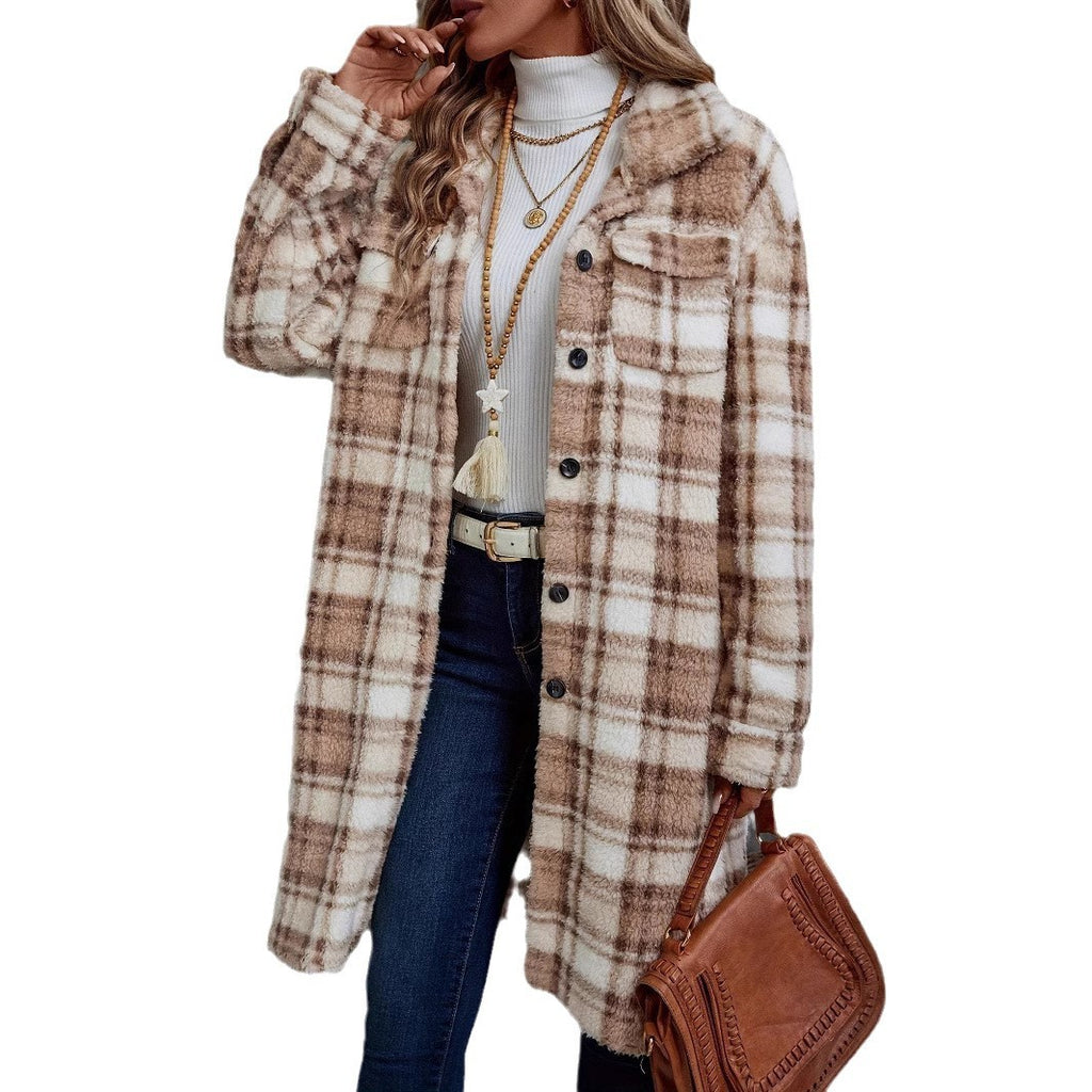 Women's Printed Plaid Long Double-sided Plush Patch Pocket Button Coat Viral Finds Hub