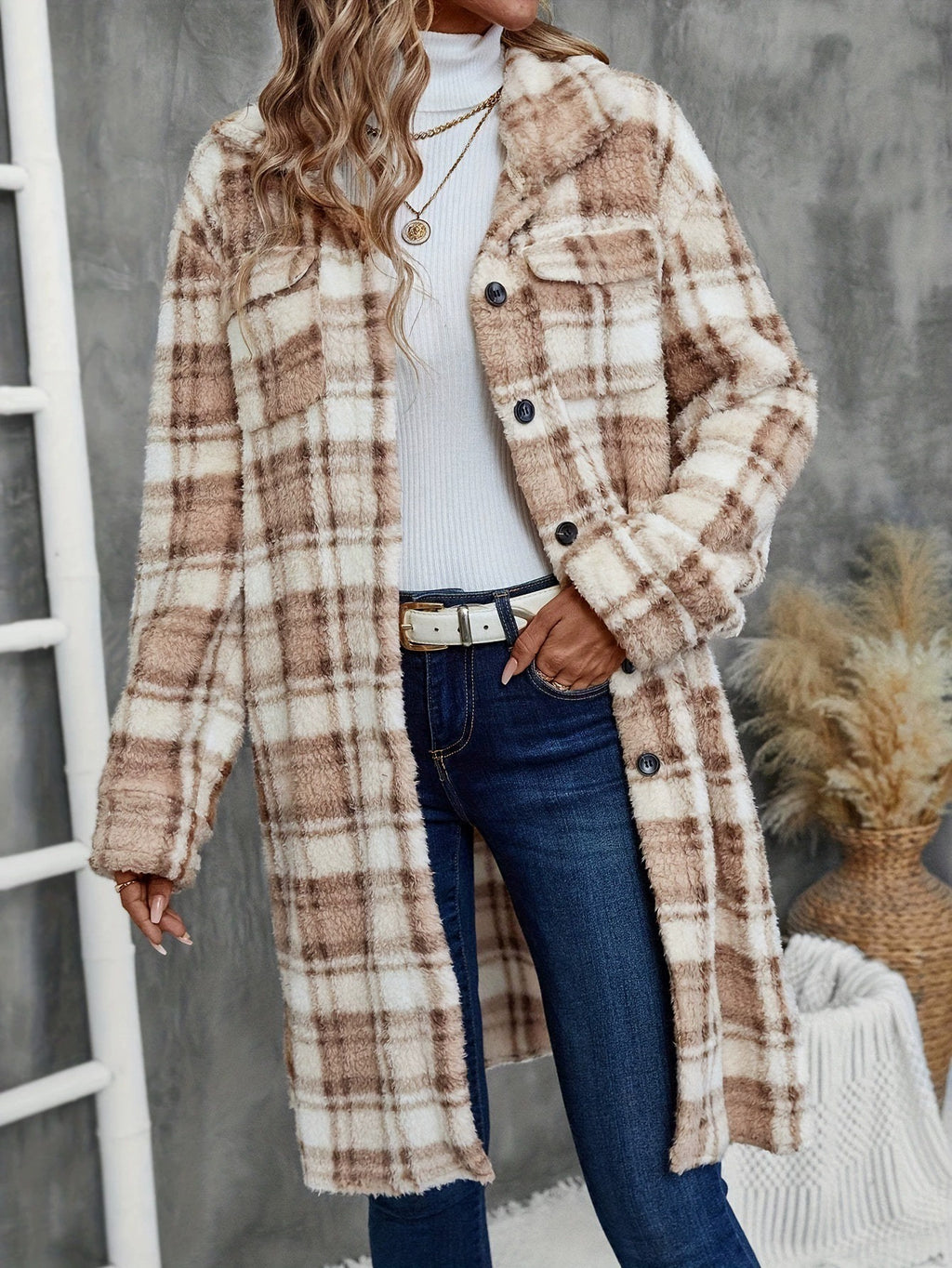 Women's Printed Plaid Long Double-sided Plush Patch Pocket Button Coat Viral Finds Hub