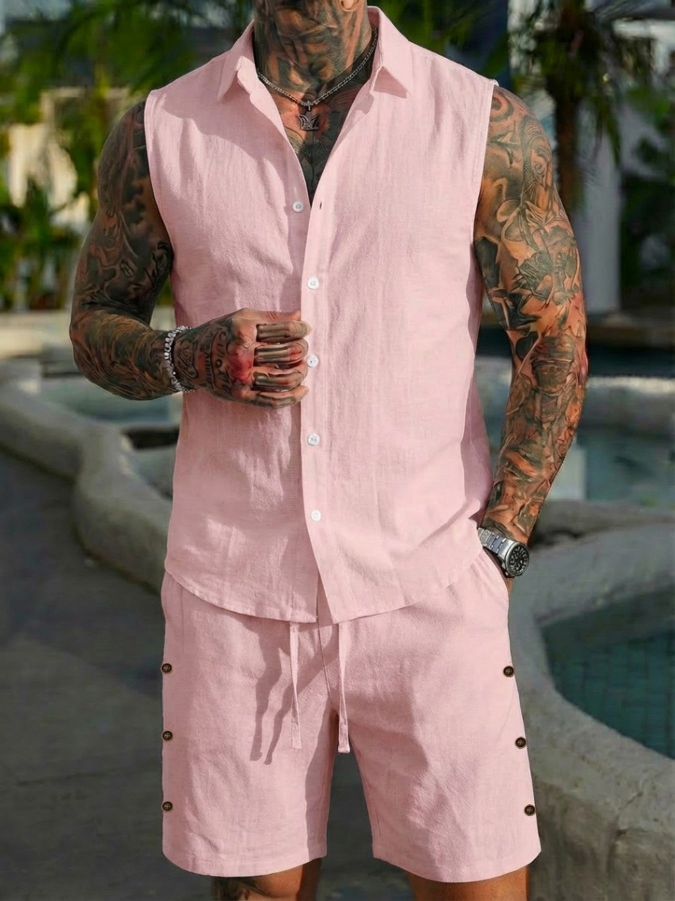 Men's Solid-Colored Linen Breathable Beach Set Viral Finds Hub
