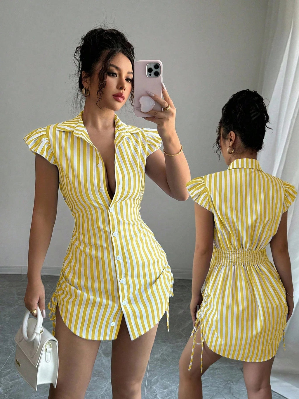 Striped Shirt-collar Casual Waist-cinched Chic Dress Viral Finds Hub