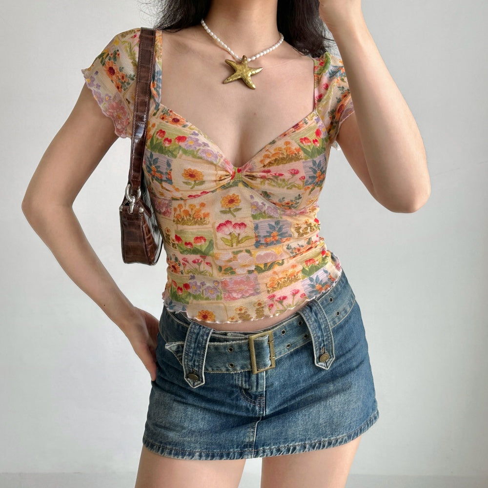 Oil Painting Flower Printed V-neck T-shirt Women's Mesh Short Sleeve Top Viral Finds Hub