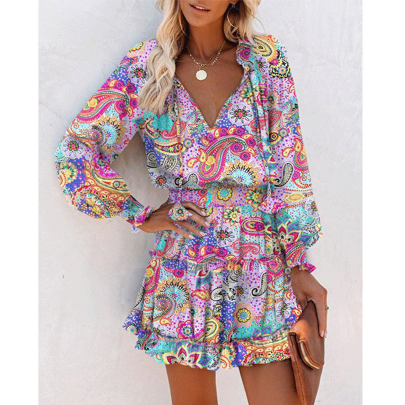 Flowers Print Long Sleeve Dress Fashion Patchwork Puff Sleeve Waist Dresses Womens Clothing Viral Finds Hub