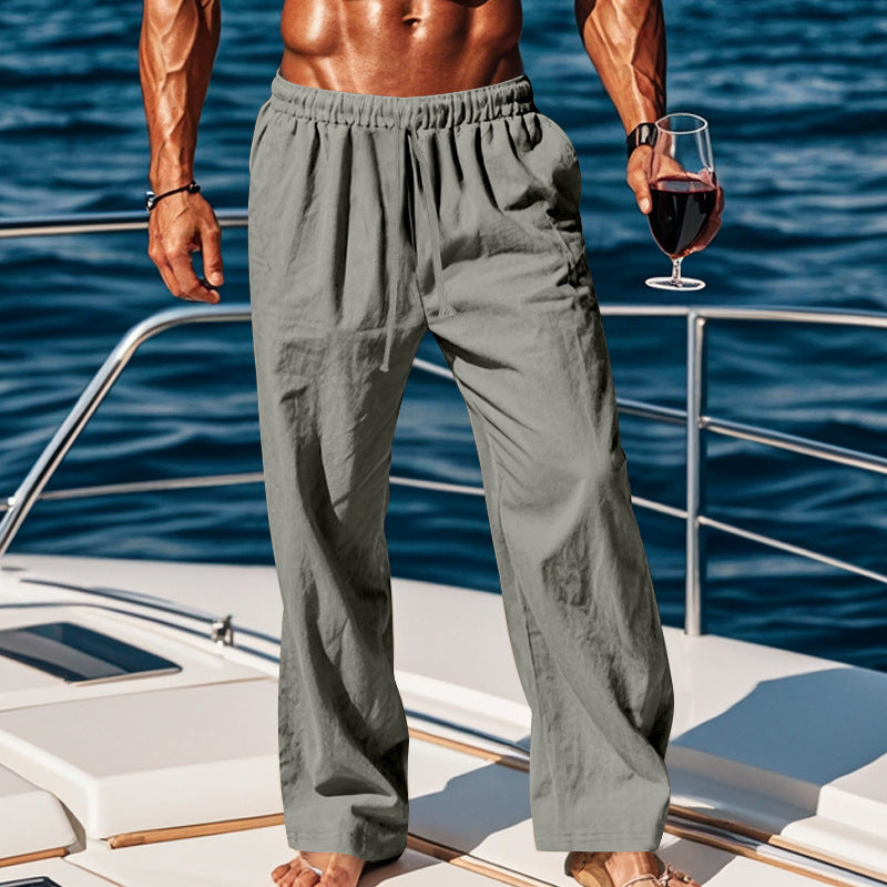 Independent Site European And American Men's Linen Mid-Waist Solid Color With Drawstring Viral Finds Hub