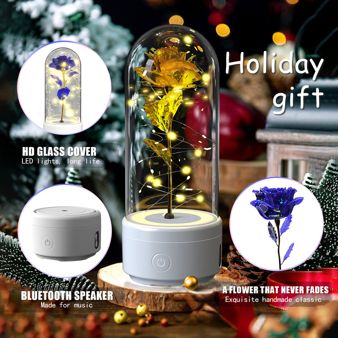 Creative 2 In 1 Rose Flowers LED Light And Bluetooth-compatible Speaker Valentine's Day Gift Rose Luminous Night Light Ornament In Glass Cover Viral Finds Hub