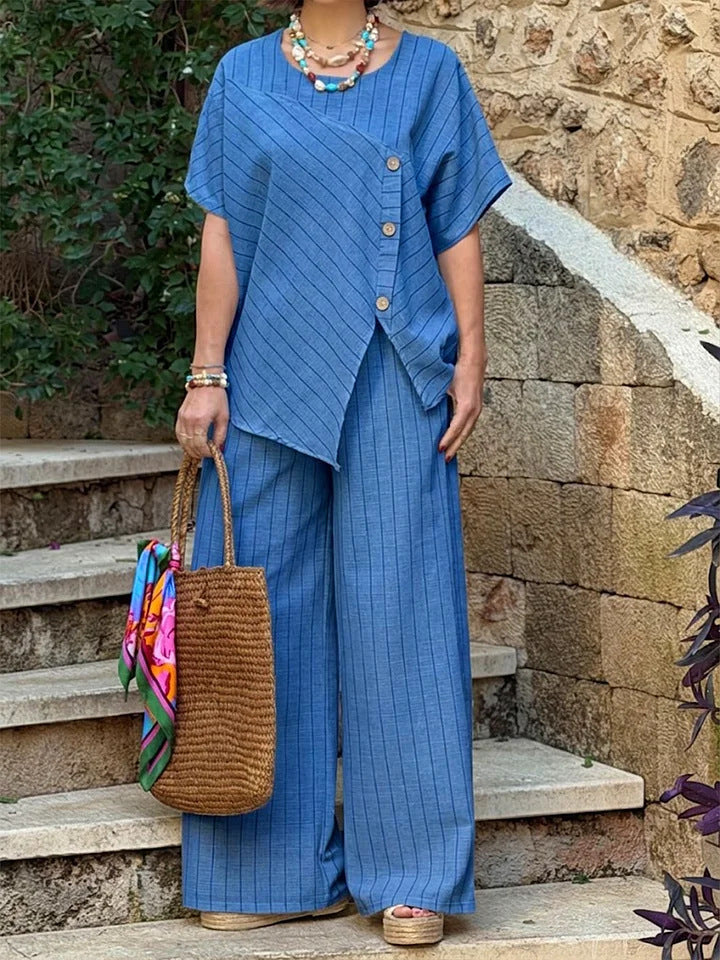 Striped Short-sleeve Shirt And Loose-fitting Pants Two-piece Set Viral Finds Hub