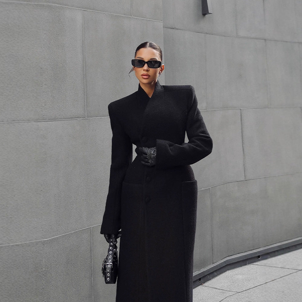 Temperament Shoulder-padded Waist-cinching Long Wool Coat For Women Viral Finds Hub