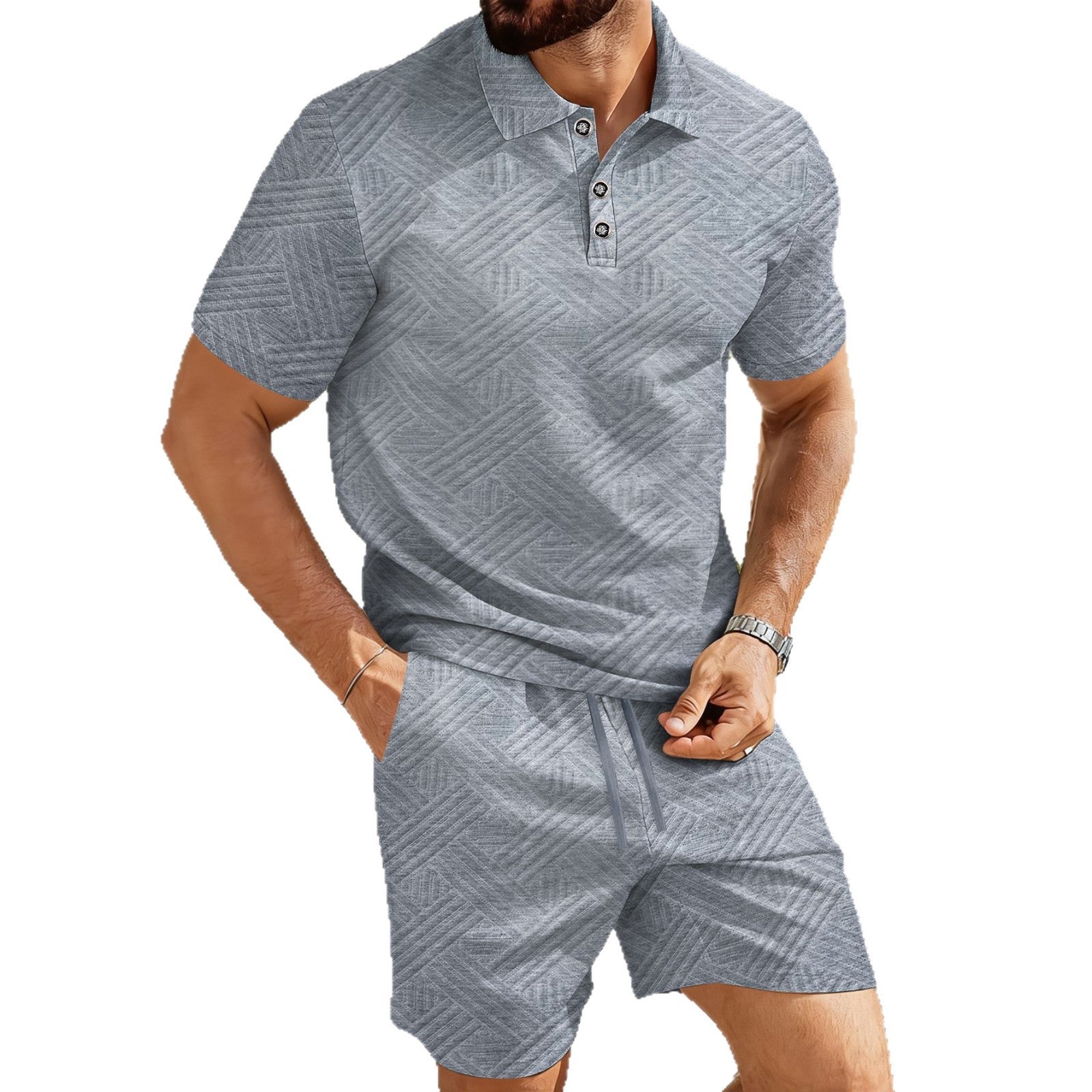 Solid-color Jacquard Short-sleeve Polo Shirt And Shorts Casual Two-piece Set Viral Finds Hub