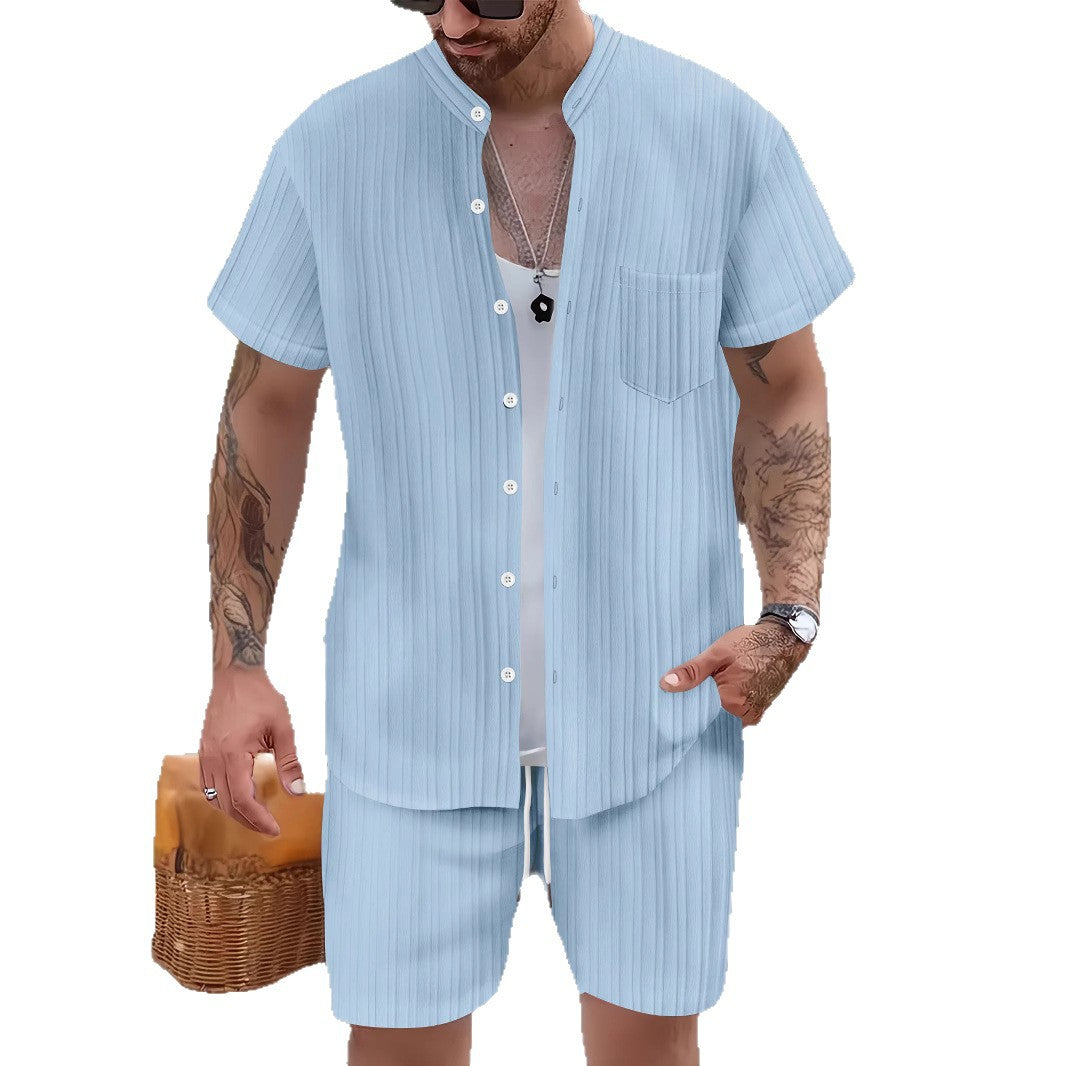 Fashionable Casual Stand Collar Pocket Short-Sleeve Shirt And Mens Shorts Two-Piece Set Viral Finds Hub