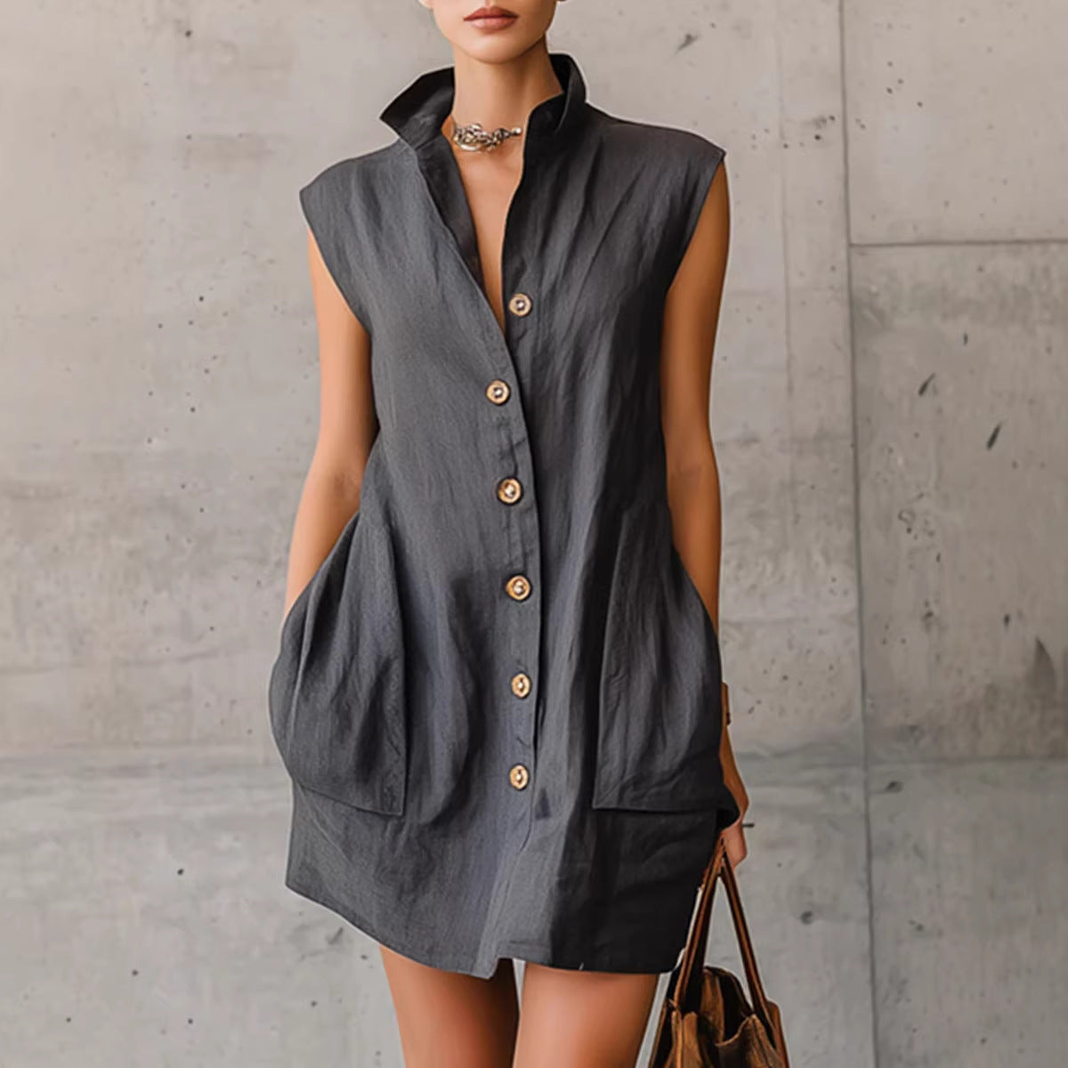 Slimming Sleeveless Stand-Collar Shirt Dress For Summer Viral Finds Hub