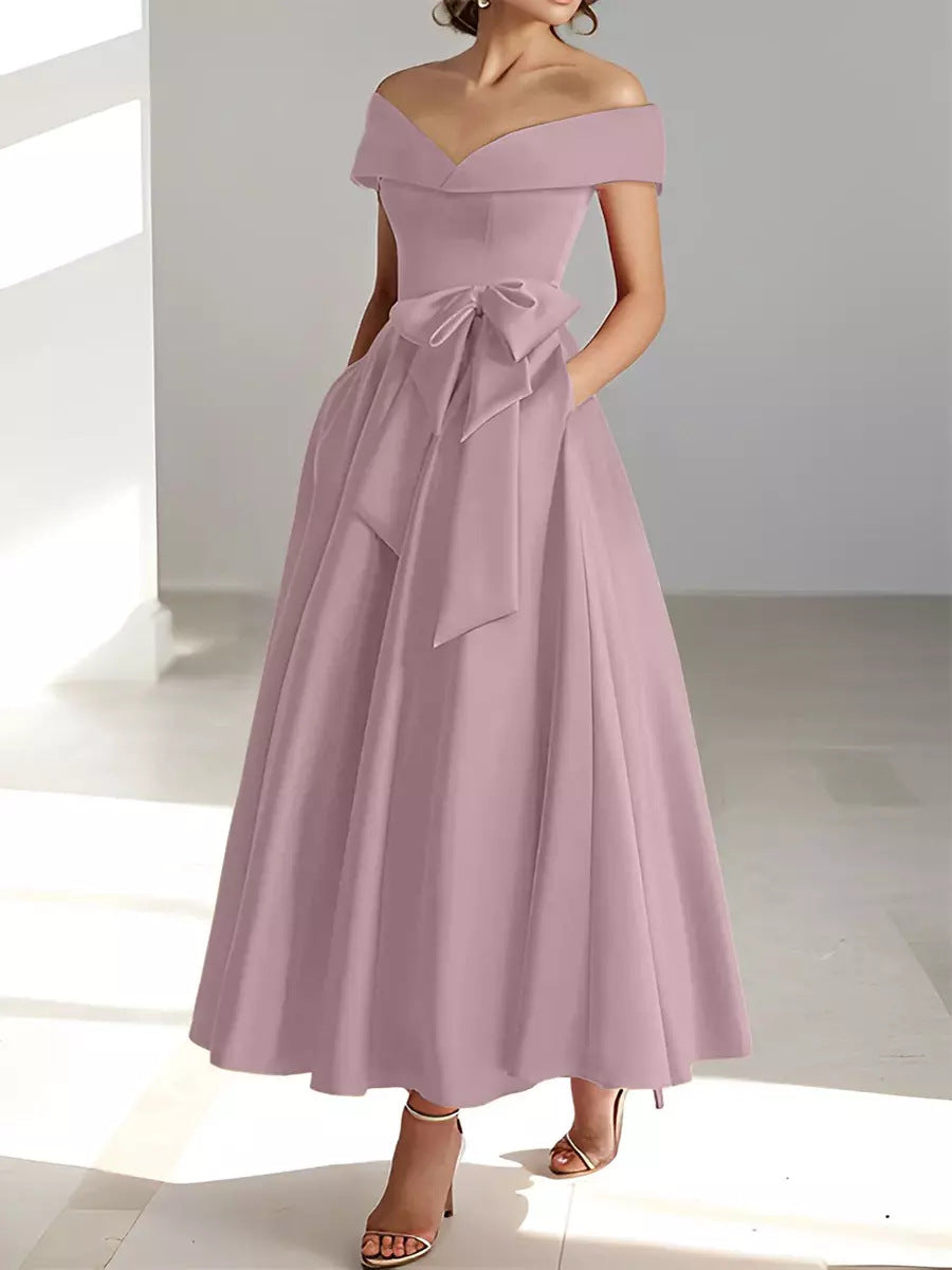 Satin Gown New Style Banquet Dress Off-shoulder Midi Length Viral Finds Hub