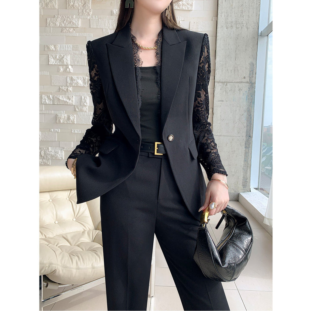 One Button Lace Panelled Blazer And Trousers Two Piece Set Viral Finds Hub