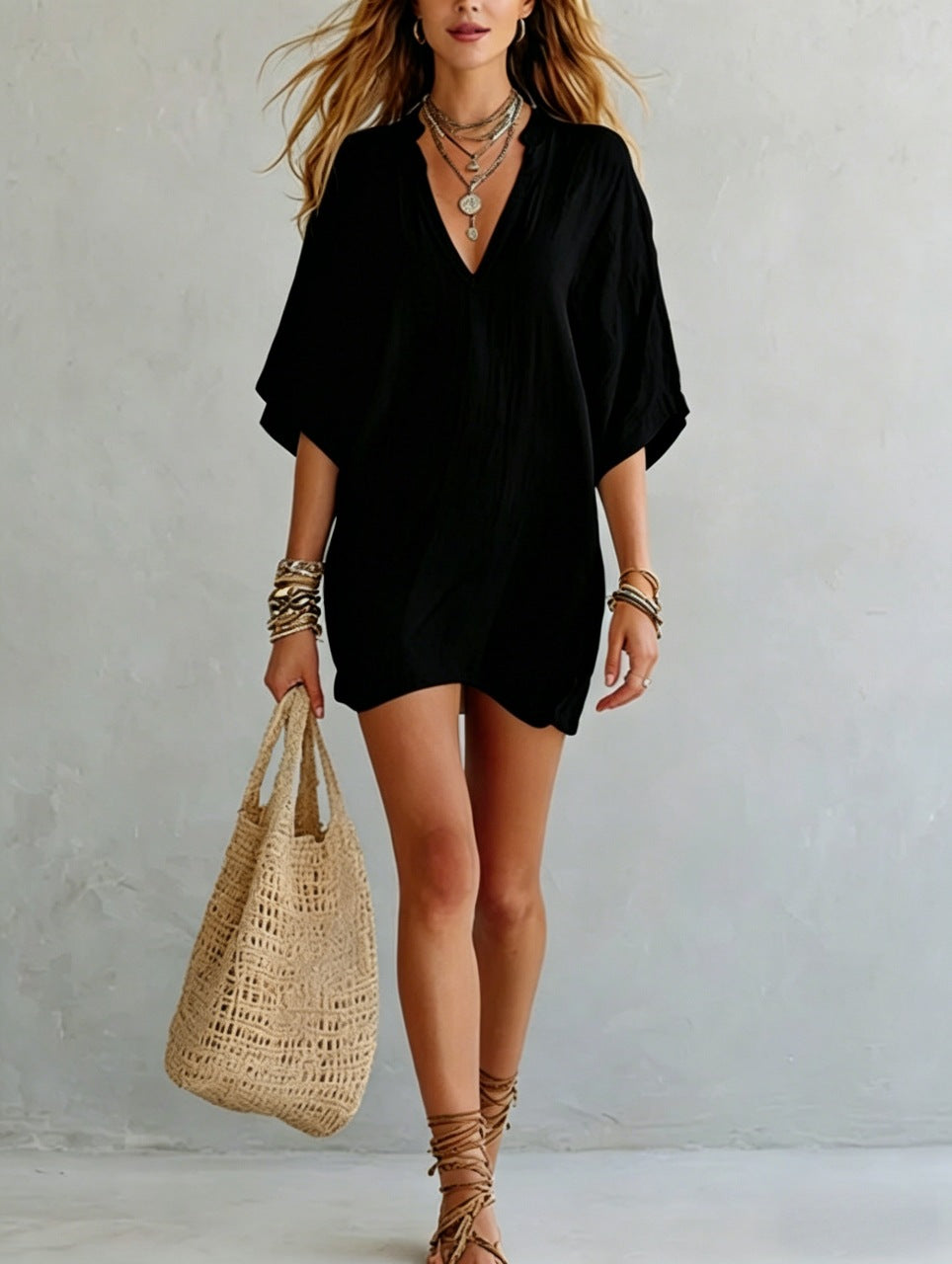 Women's Smock V-neck Loose-fit Three-quarter Sleeve T-shirt Viral Finds Hub