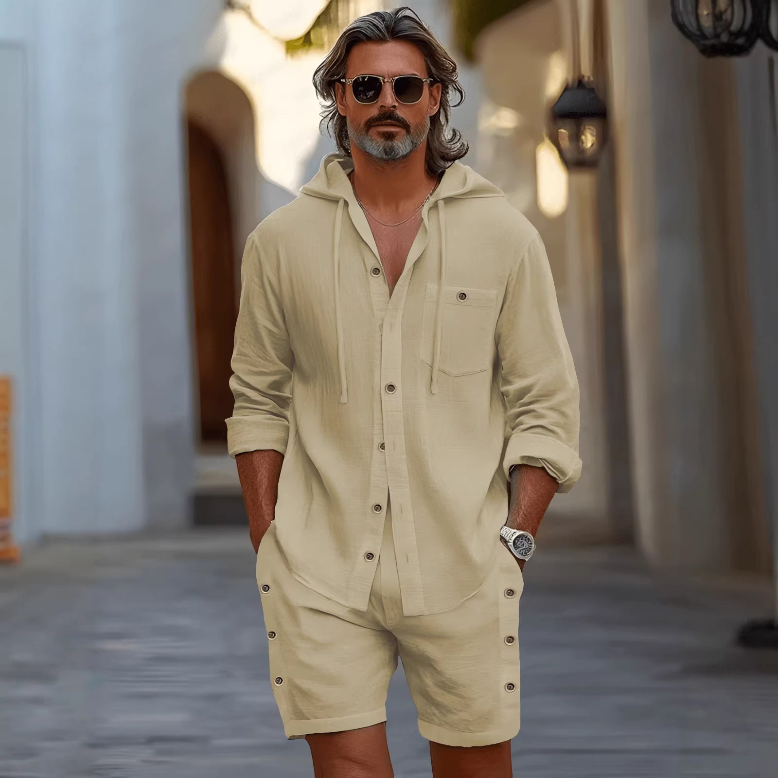 Men's Four-Season Long-Sleeve Hooded Shirt And Shorts Two-Piece Set Viral Finds Hub