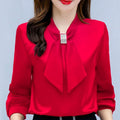 Satin V-Neck Business Temperament Shirt Long Sleeve Bow Solid Color Bow Diamond Top Viral Finds Hub