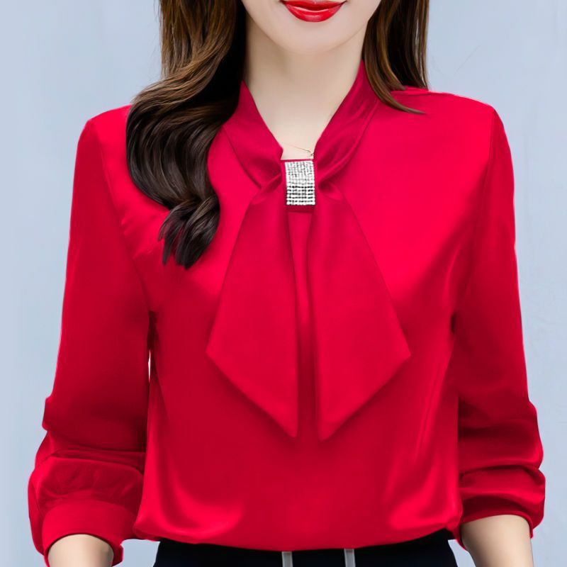Satin V-Neck Business Temperament Shirt Long Sleeve Bow Solid Color Bow Diamond Top Viral Finds Hub