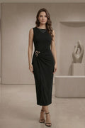 Women's Fitted Maxi Dress Casual And Formal Poly Blend Maxi Dress Evening Maxi DressDaily Wear Holiday Outfit ITY ROUND NECK RUCHED BUCKLE MIDAXI DRESS Viral Finds Hub