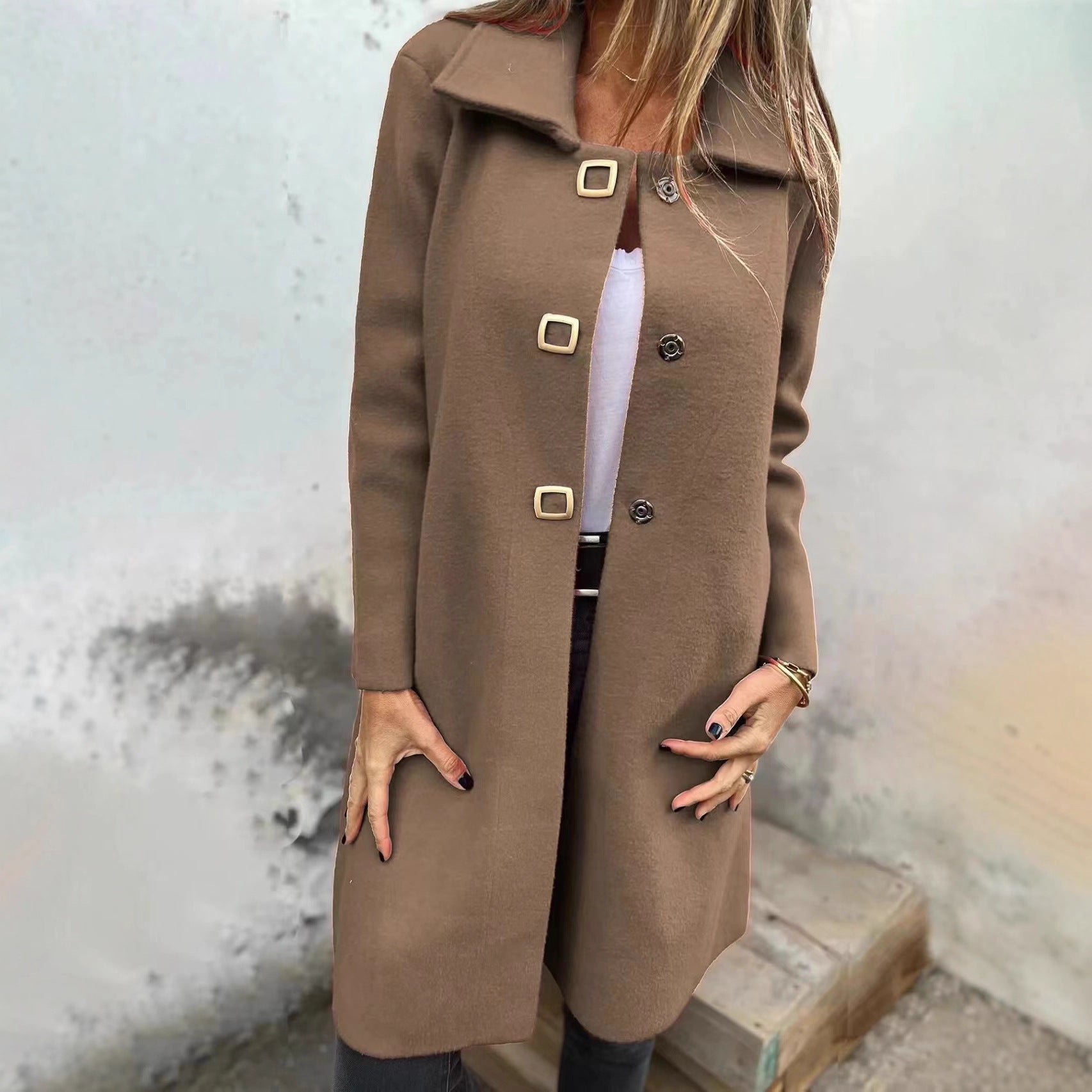 Women's Solid-color Mid-length Wool Coat With A Single-breasted Design Cashymart